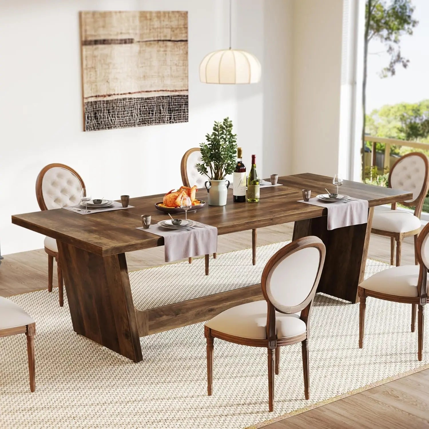 Dining Room Table with Solid Pedestal, Rustic Long Dinner Table