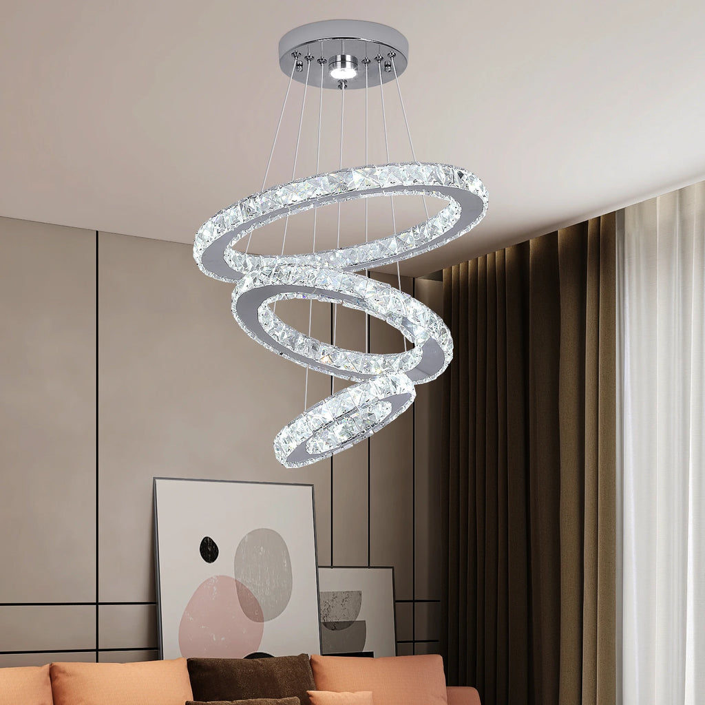 Modern Led Pendant Light Luxury Crystal Rings Dimmable Chandelier