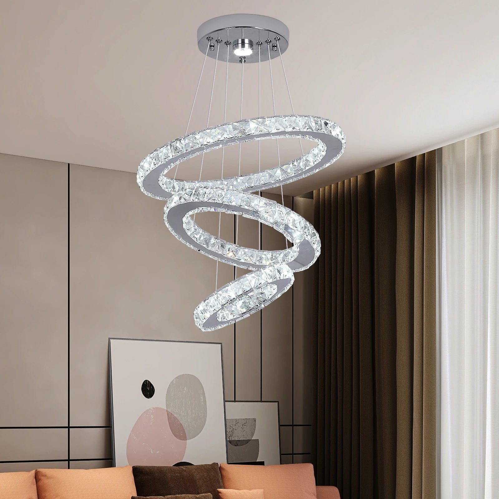 Modern Led Pendant Light Luxury Crystal Rings Dimmable Chandelier