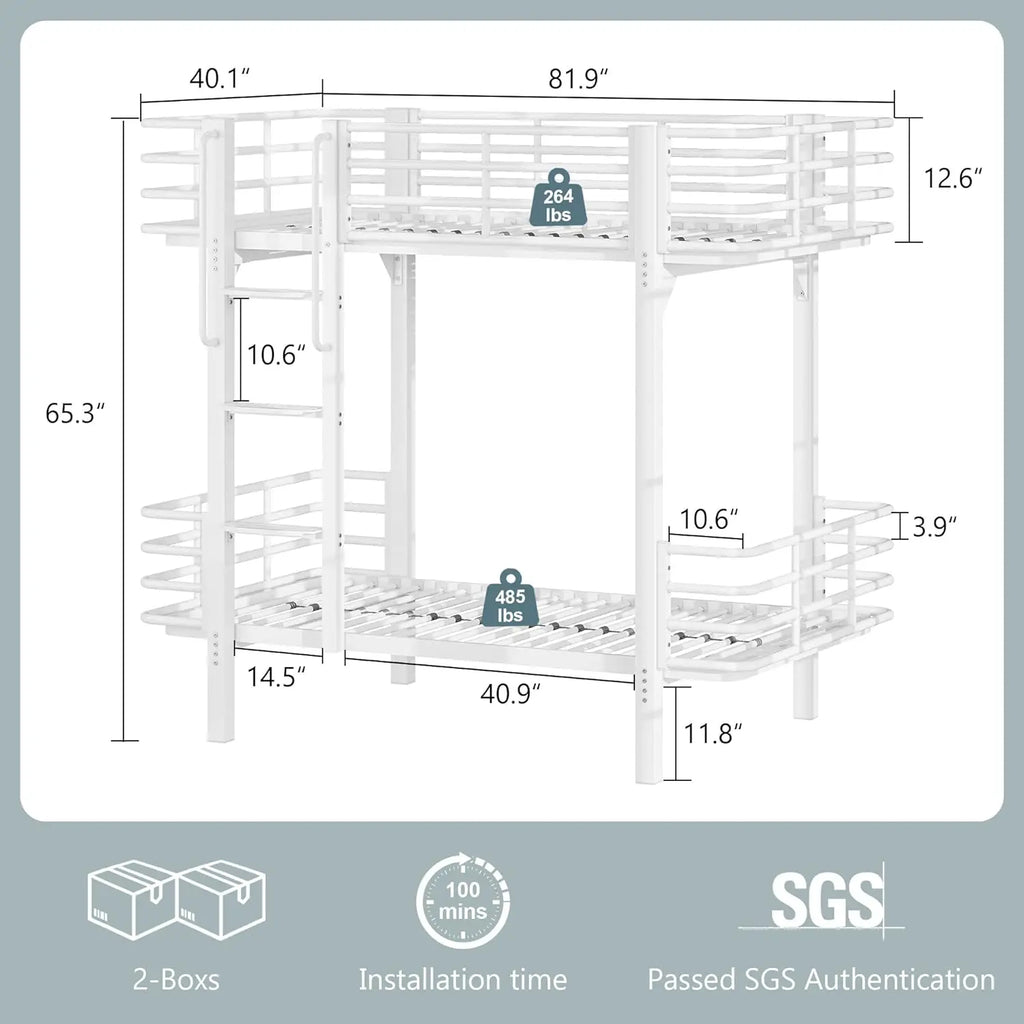 Metal Bunk Bed Twin Over Twin With High Safety Guard Rails