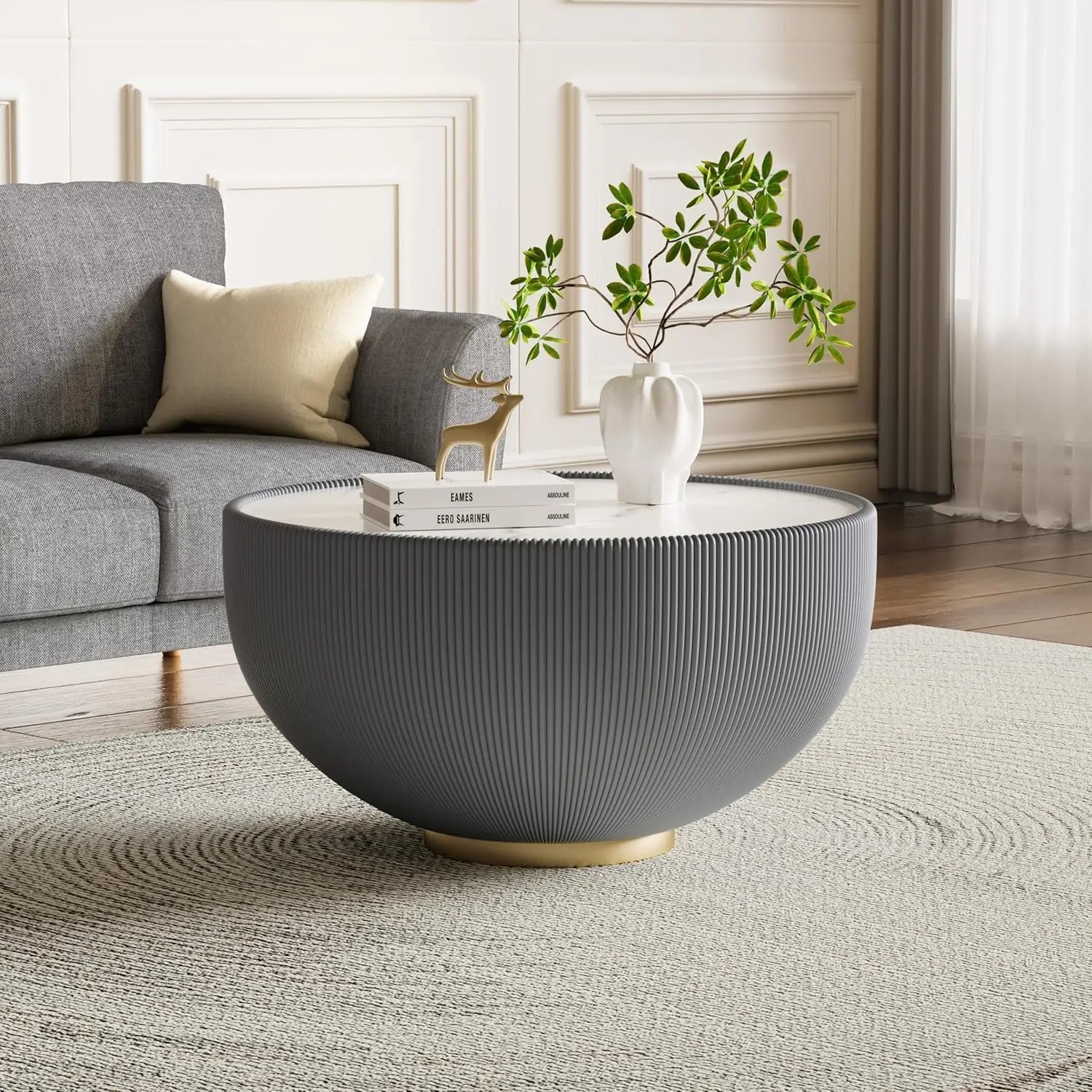 29.52" Grey Round Coffee Table Sintered Stone Top Fluted PU Leather Base