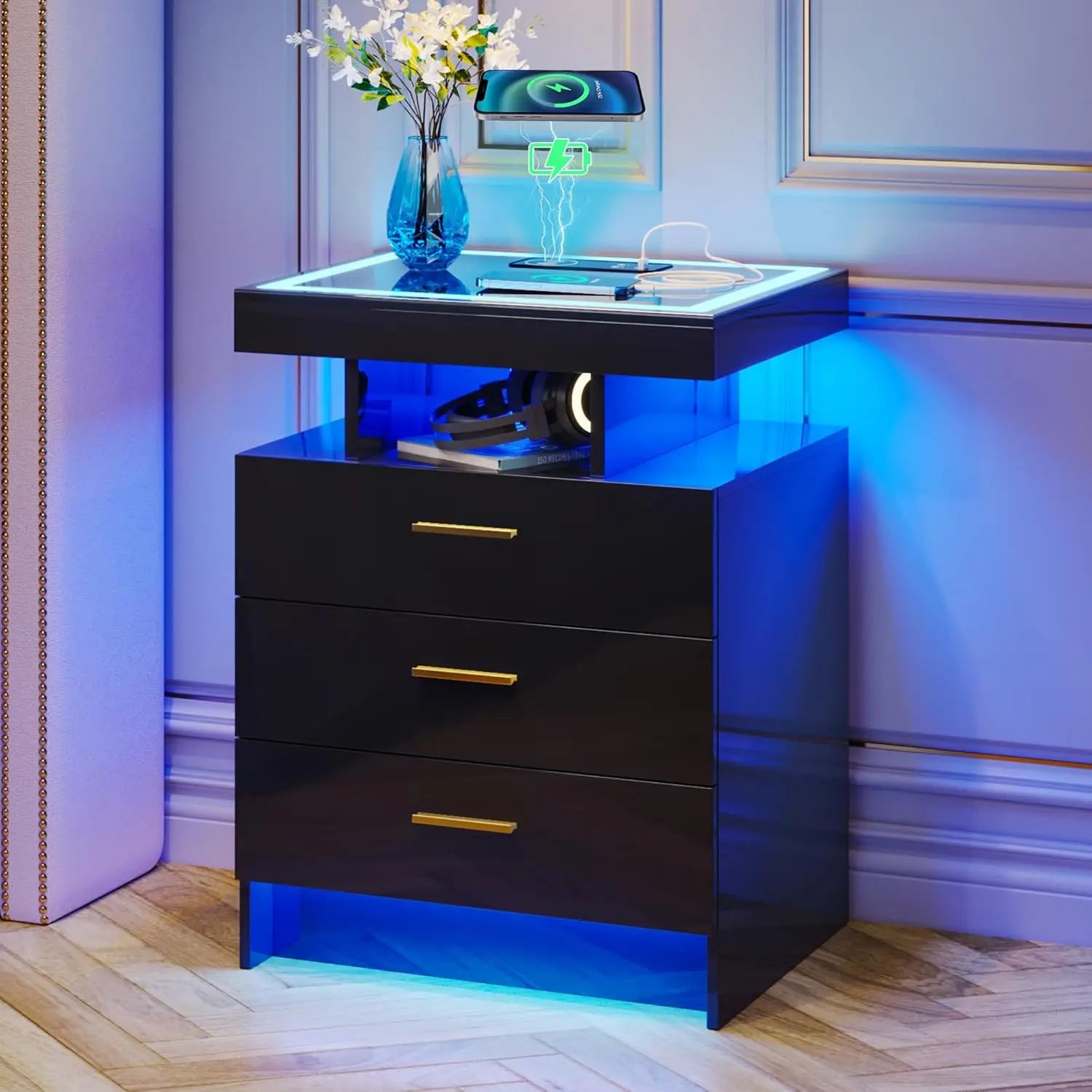 2 Set Nightstands with Wireless Charging Station for Bedroom, Auto Sensor 3 Color Dimmable LED End Table, Modern, Customized