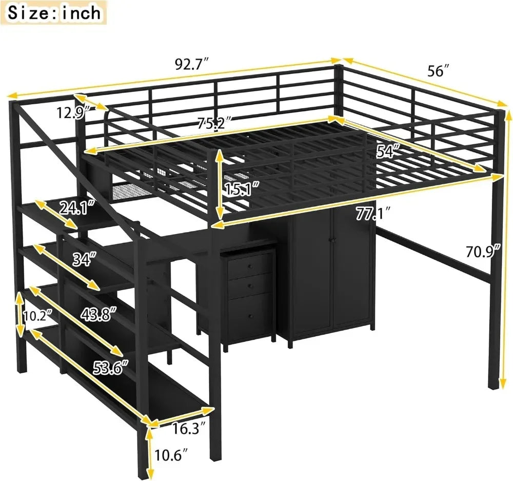 Full Size Loft Bed with Desk, Wardrobe & Stairs - Heavy Duty Metal Frame