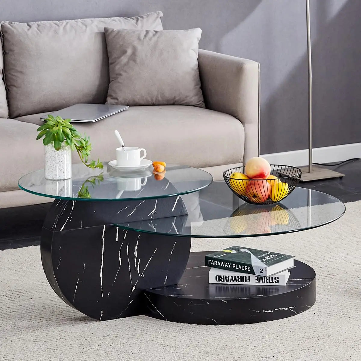 35" Round Tempered Glass Coffee Table. 3-Tier Design. Black Wooden Base.