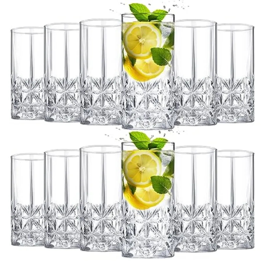 Set of 12 /12 oz Crystal Drinking Glasses Clear Fancy Cups Vintage Textured Designer