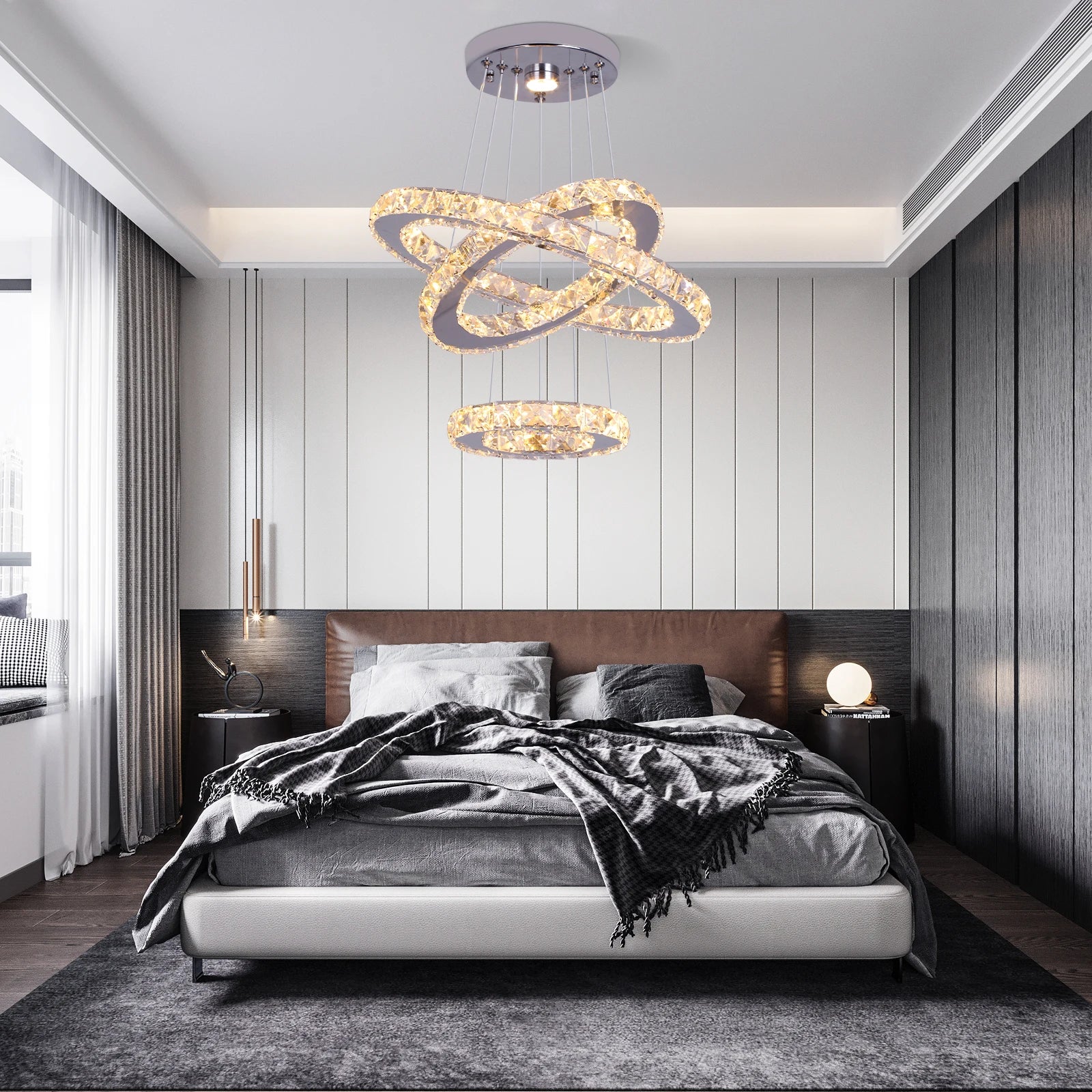 Modern Led Pendant Light Luxury Crystal Rings Dimmable Chandelier