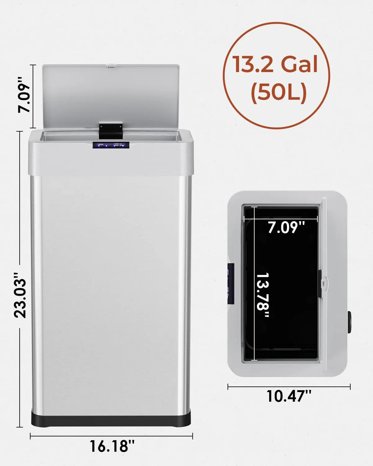 13.2 Gallon Motion Sensor Trash Can, Stainless Steel Smart Bin
