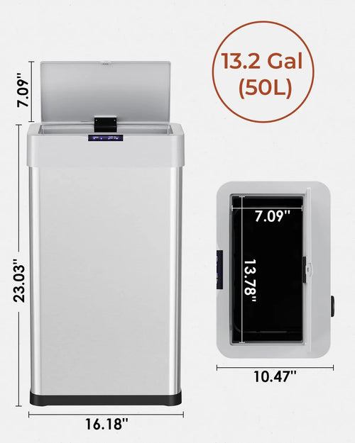 13.2 Gallon Motion Sensor Trash Can, Stainless Steel Smart Bin