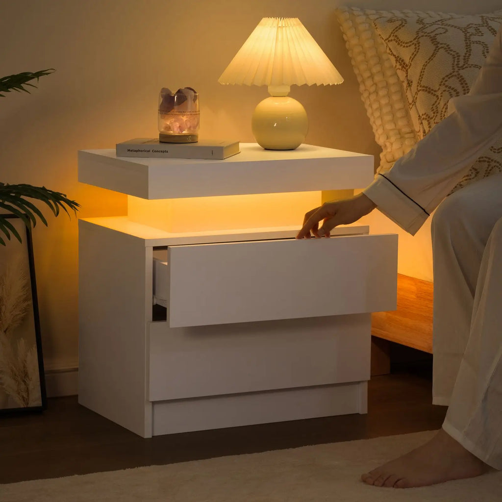 Nightstands with 2 Drawers, End Table with RGB LED Lights