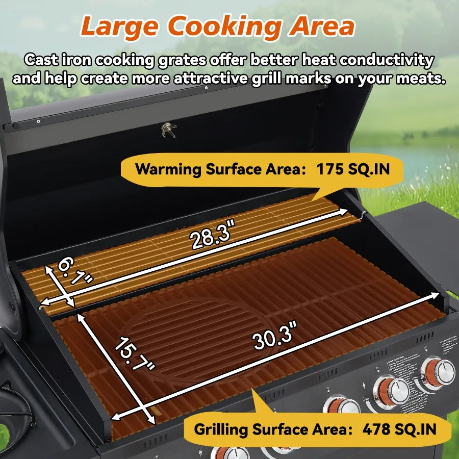 6 Burner BBQ Propane Gas Grill with Side Burner 72000 BTU Output Stainless Steel Barbecue Grill with Cast Iron Grates and Side