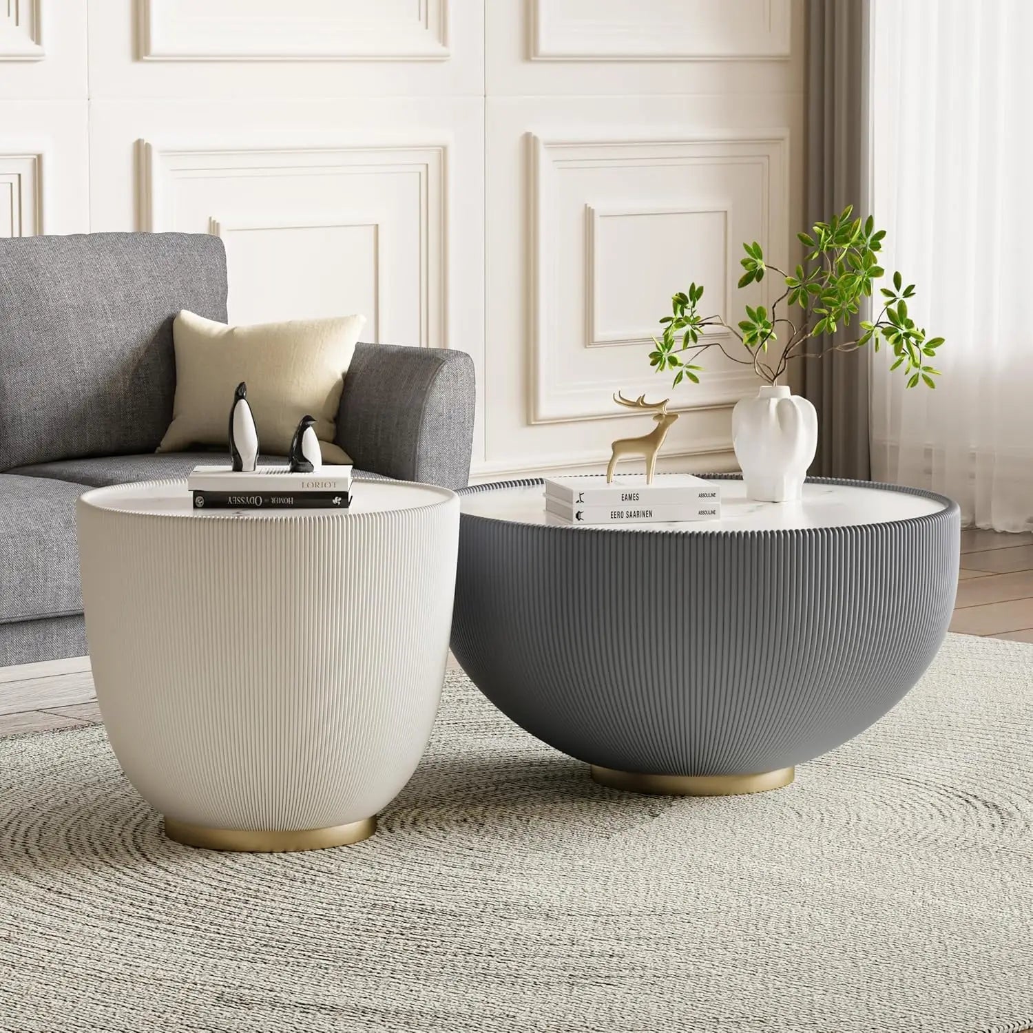 29.52" Grey Round Coffee Table Sintered Stone Top Fluted PU Leather Base