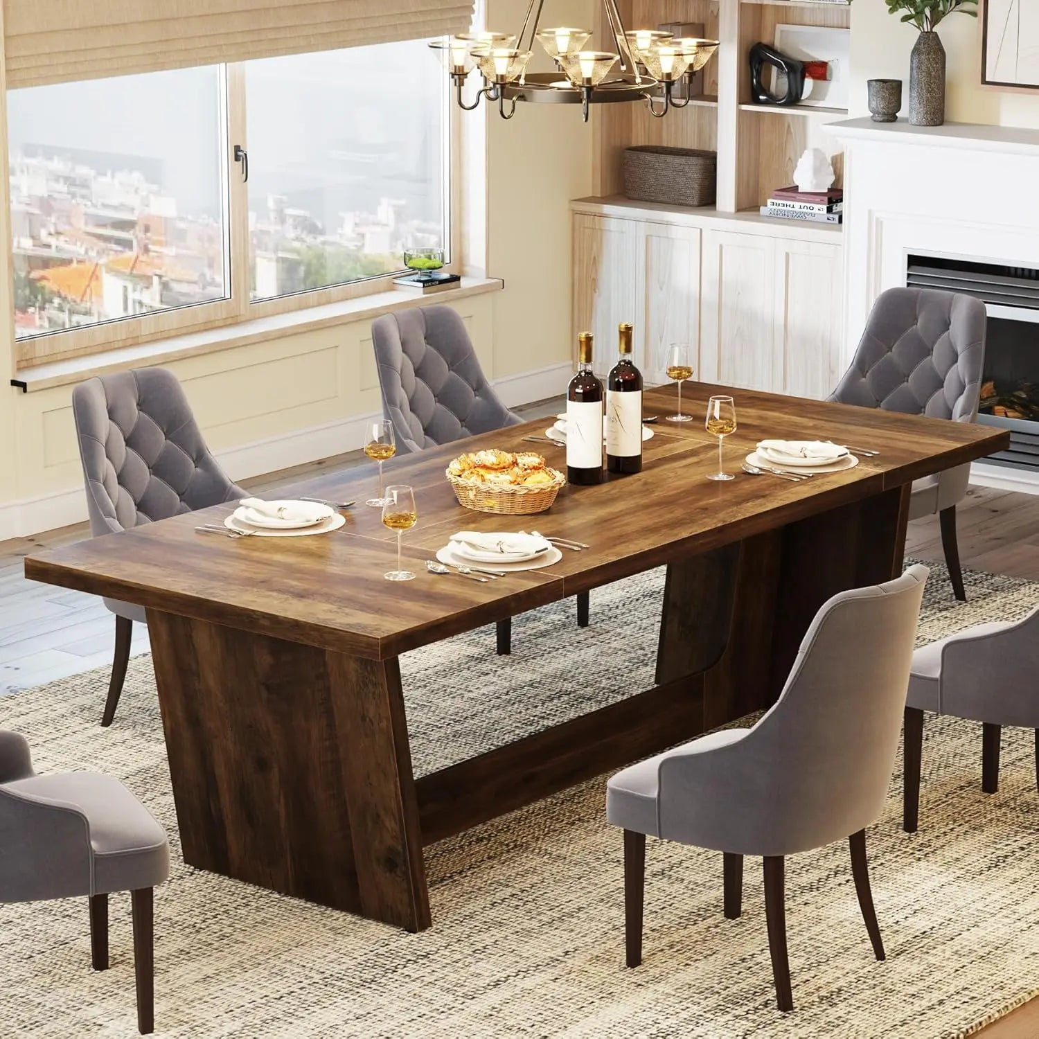 Dining Room Table with Solid Pedestal, Rustic Long Dinner Table