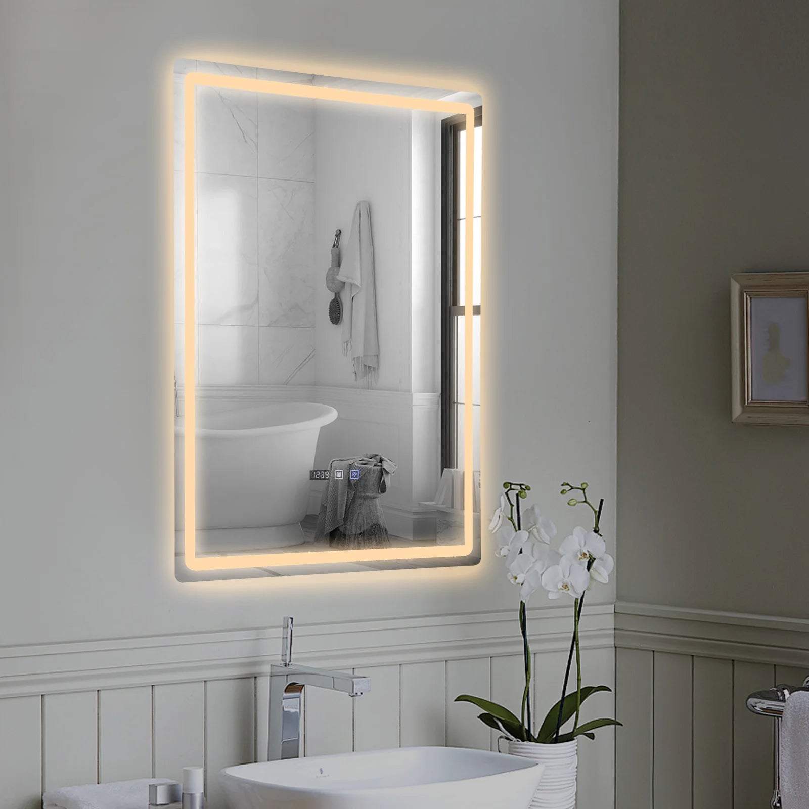 Rectangle Tri-Color Dimmable LED Mirror with Display Demist Touch IP54 Waterproof.