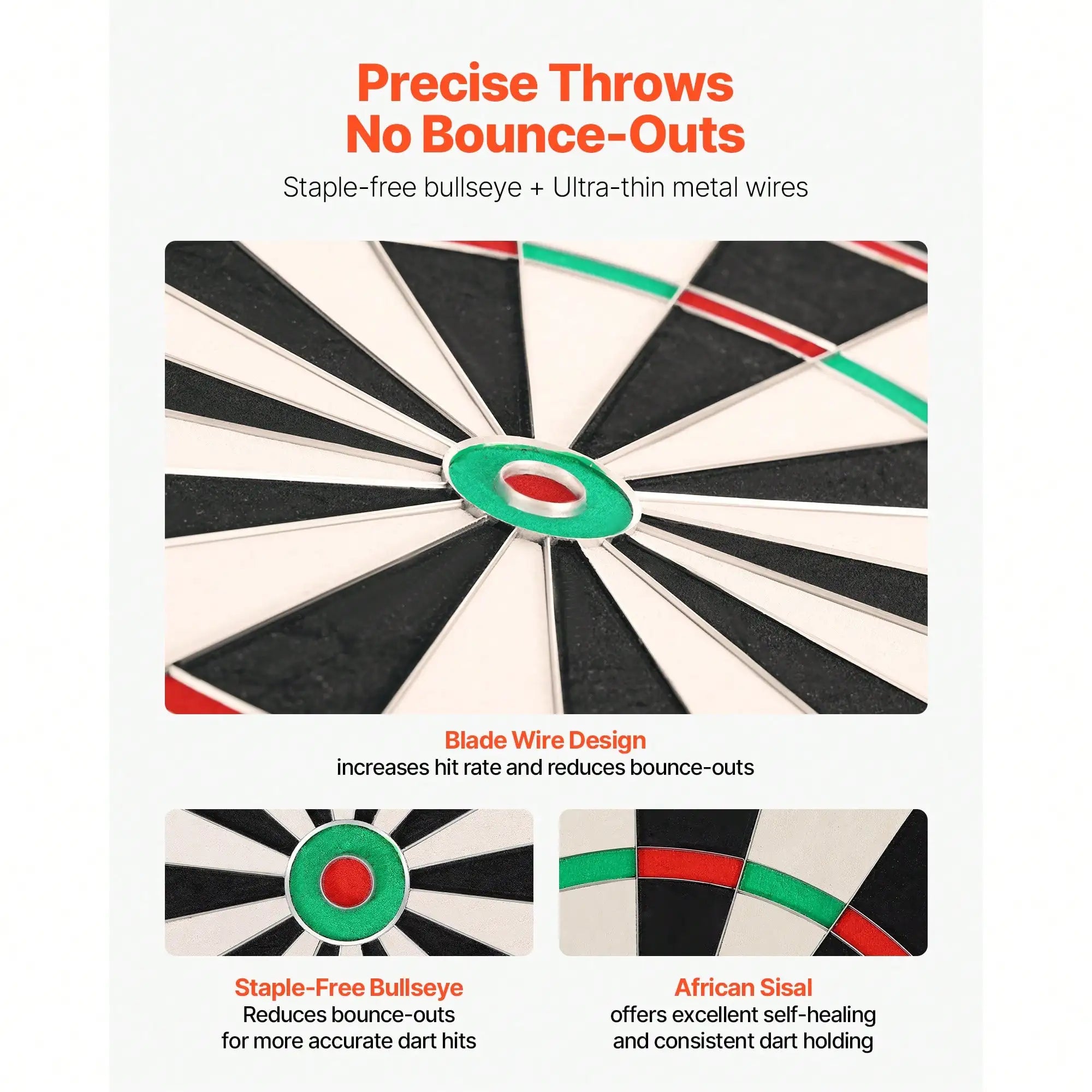 Dart Board, High-Grade Self-Healing Sisal Fiber. With Staple-Free Bullseye,
