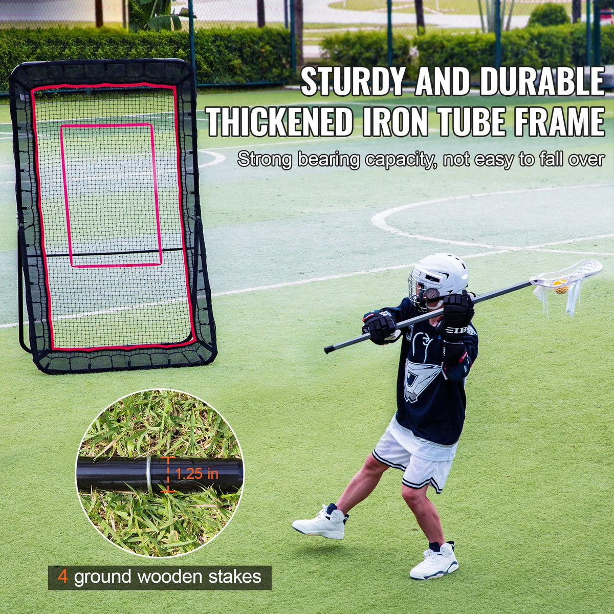 Adjustable lacrosse rebounder supports backyard baseball, softball, and shooting practice.