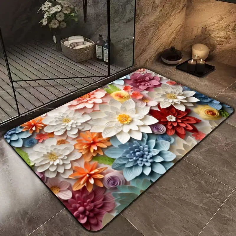 1pc multi-color floral print design bathroom mat, anti-slip, super absorbent and quick-drying shower floor mat,