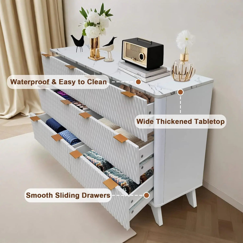Modern fluted dresser offers six drawers, faux marble top, and versatile storage
