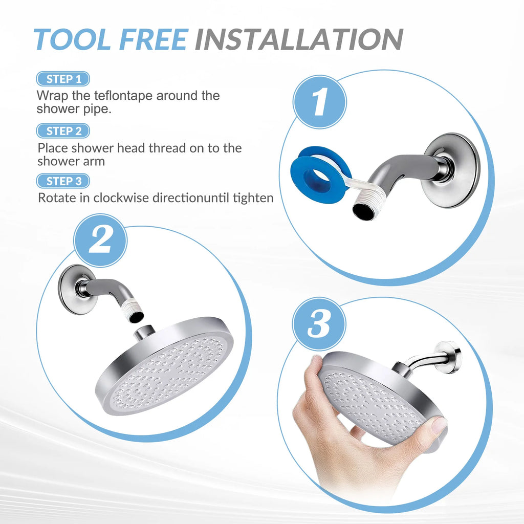Shower Head High Pressure Rain Adjustable Stainless Steel 6 Inch Wall Mounted