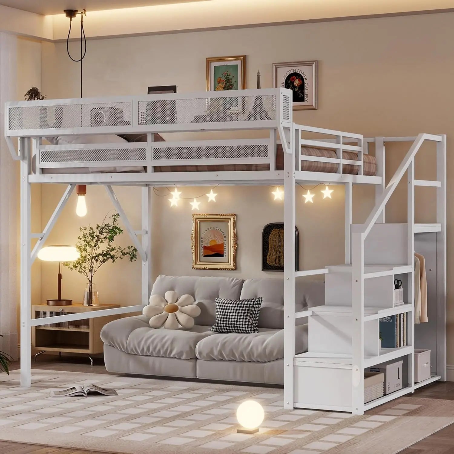 Queen Size Metal Loft Bed Frame With Stairs & Storage,