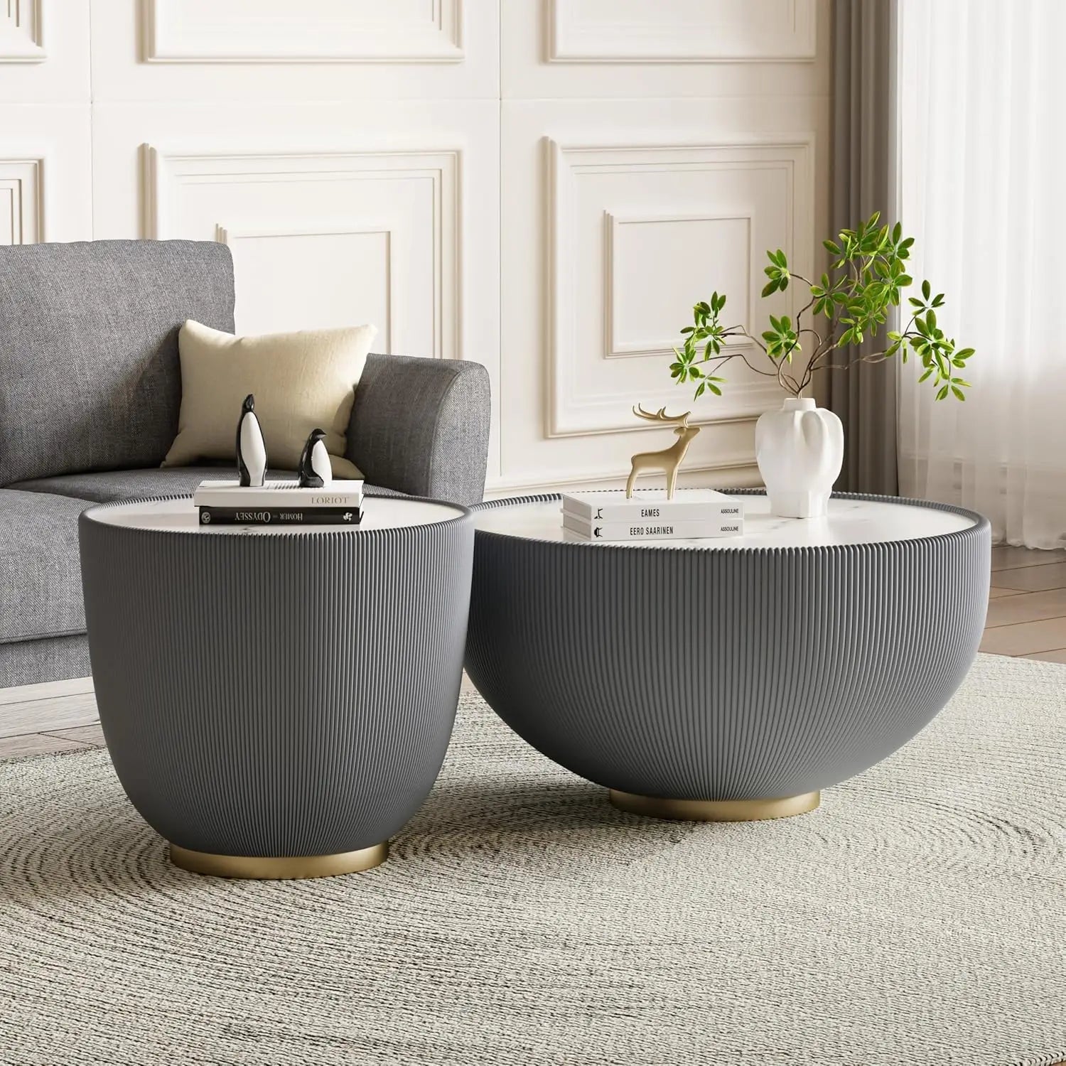 29.52" Grey Round Coffee Table Sintered Stone Top Fluted PU Leather Base