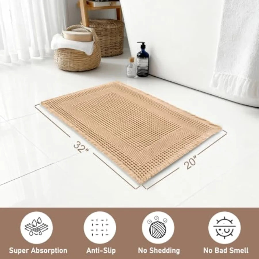 Washable Waffle Bath Mat, Super Absorbent Non Slip Bathroom Boho Rug with Tassels,
