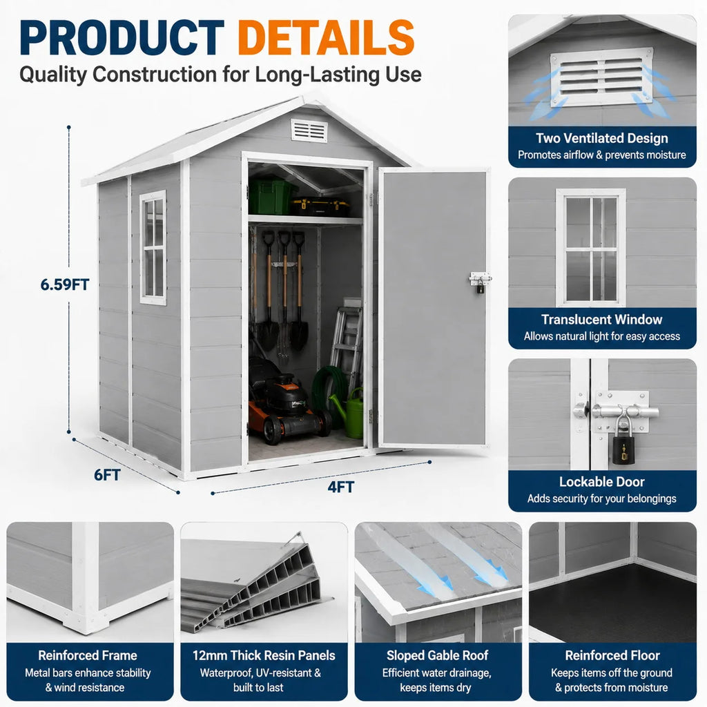 Weatherproof 4x6 Ft Shed With Floor, Lockable Door, Window Storage