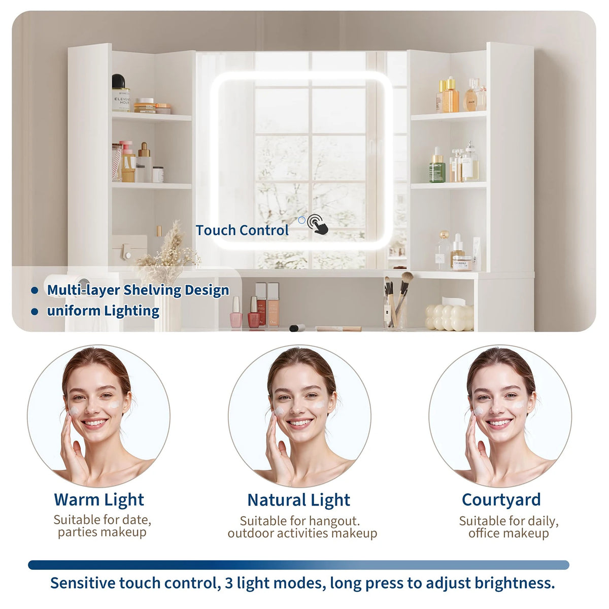 Corner vanity features a lighted mirror, glass top, charging station, and drawers.