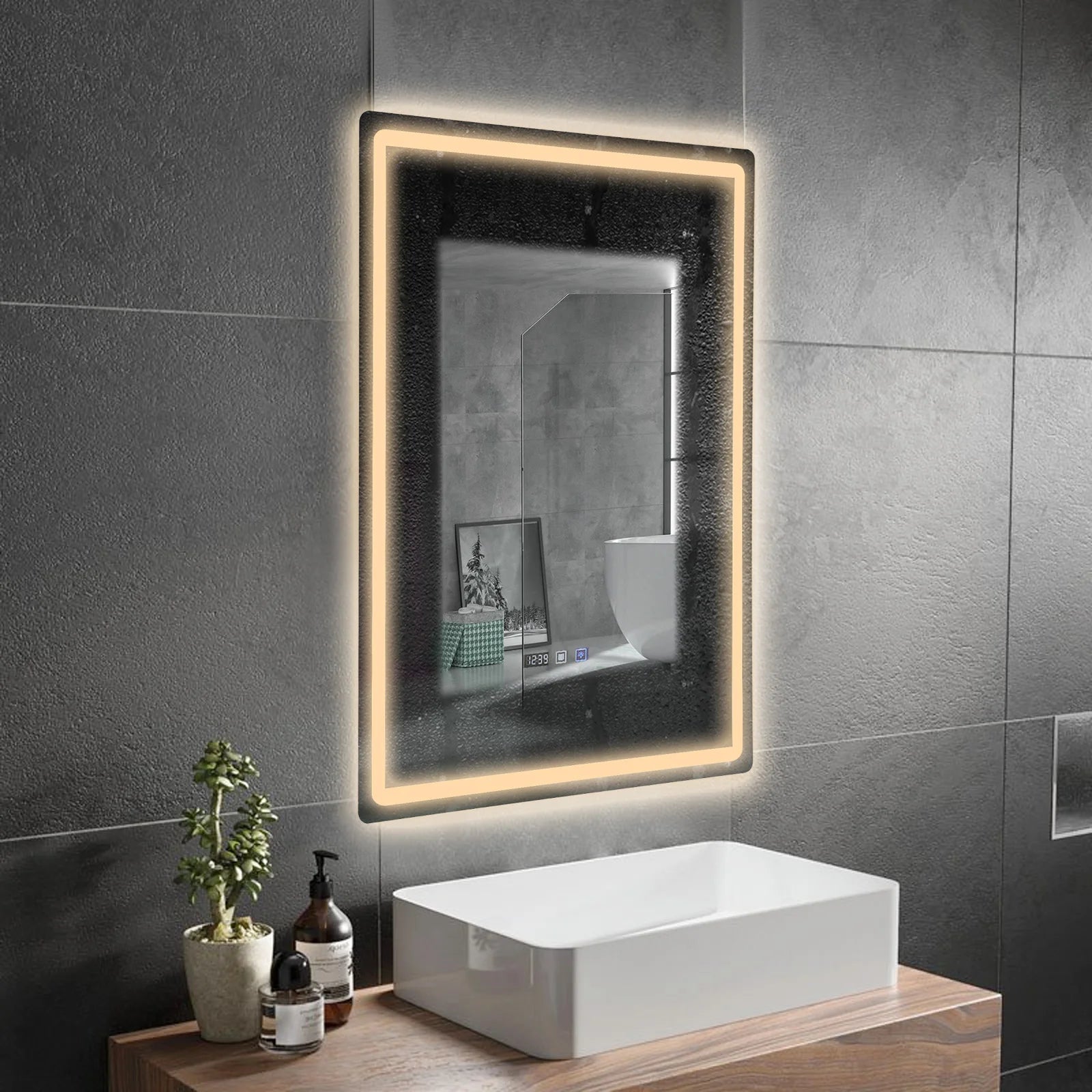 Rectangle Tri-Color Dimmable LED Mirror with Display Demist Touch IP54 Waterproof.