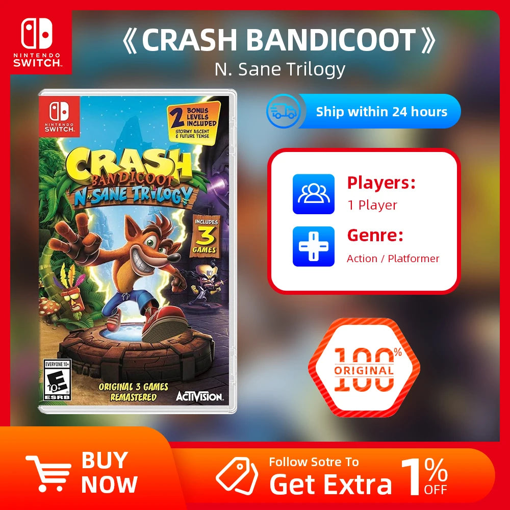 Nintendo Switch - Crash Bandicoot N. Sane Trilogy - Games Physical Cartridge