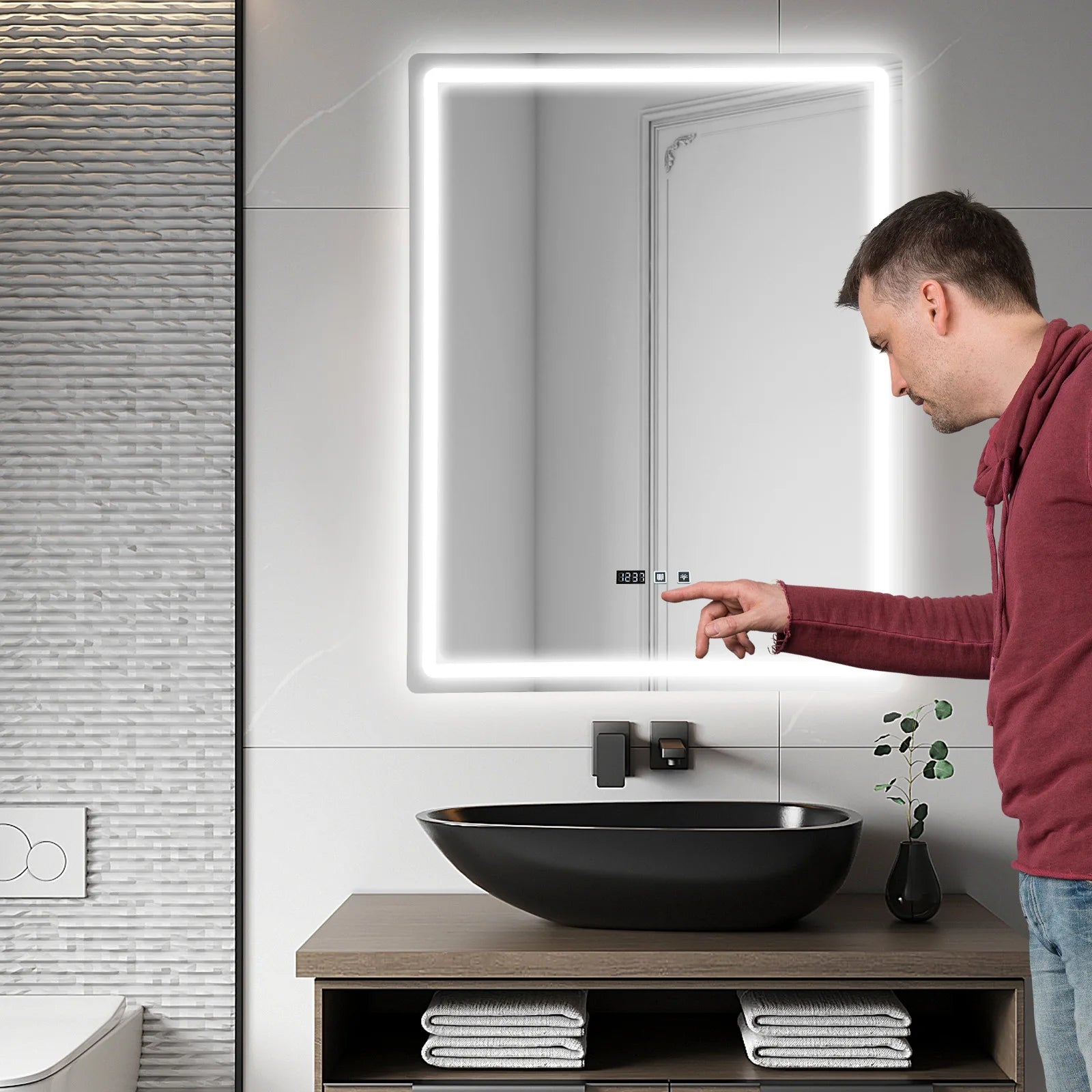 Rectangle Tri-Color Dimmable LED Mirror with Display Demist Touch IP54 Waterproof.