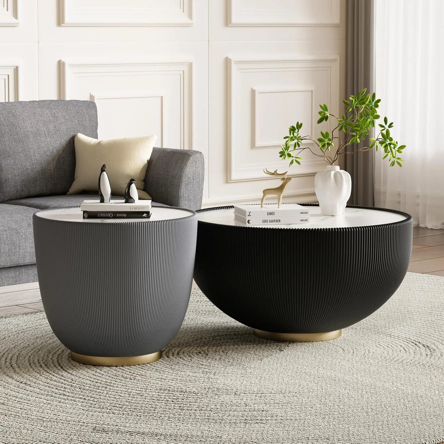 29.52" Grey Round Coffee Table Sintered Stone Top Fluted PU Leather Base
