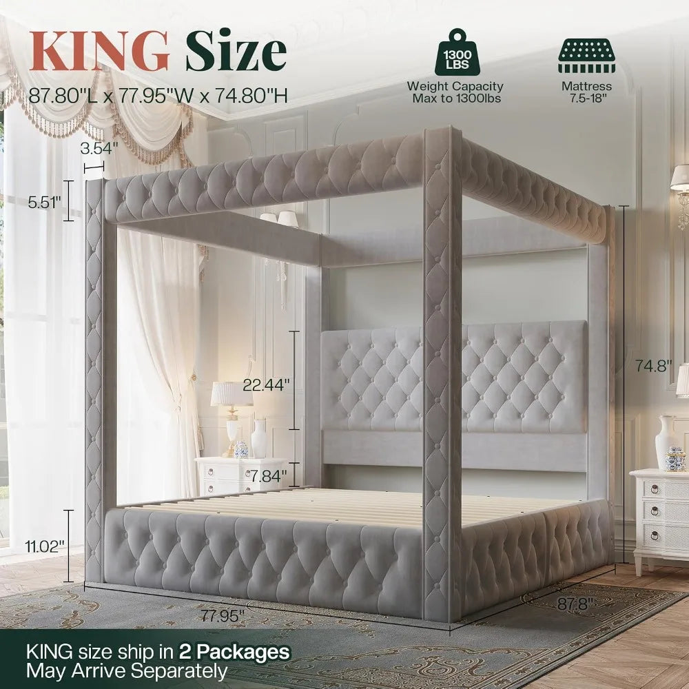 King Upholstered Canopy Bed Frame 74.8in Tall with Charging Station,
