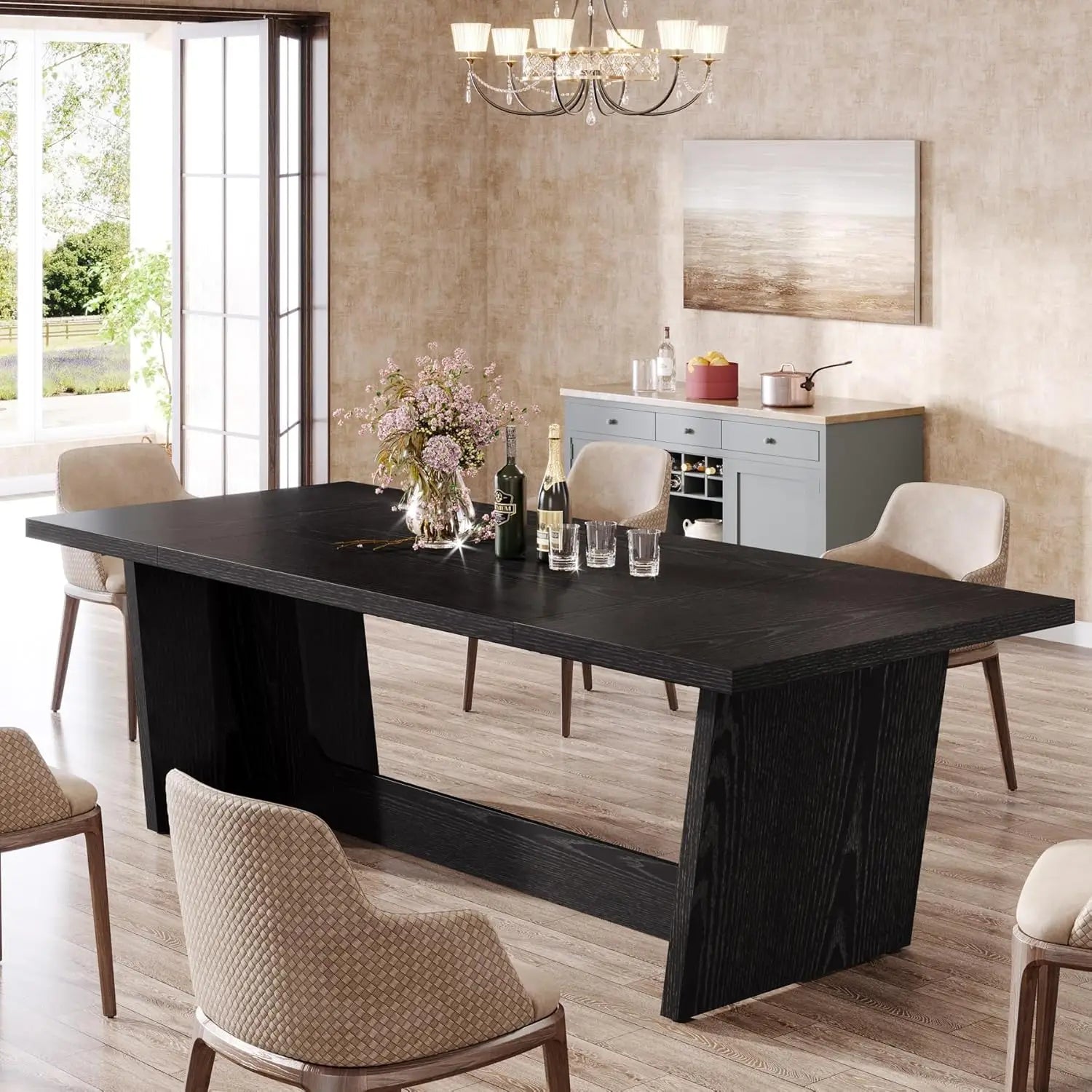 Dining Room Table with Solid Pedestal, Rustic Long Dinner Table