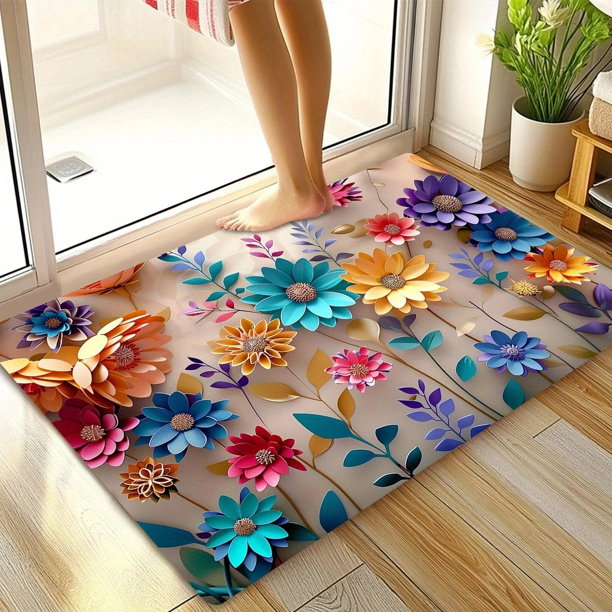 1pc multi-color floral print design bathroom mat, anti-slip, super absorbent and quick-drying shower floor mat,