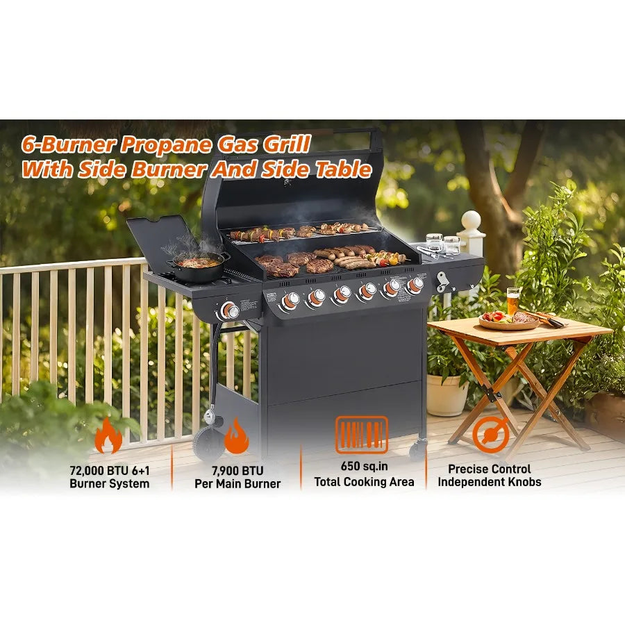 6 Burner BBQ Propane Gas Grill with Side Burner 72000 BTU Output Stainless Steel Barbecue Grill with Cast Iron Grates and Side
