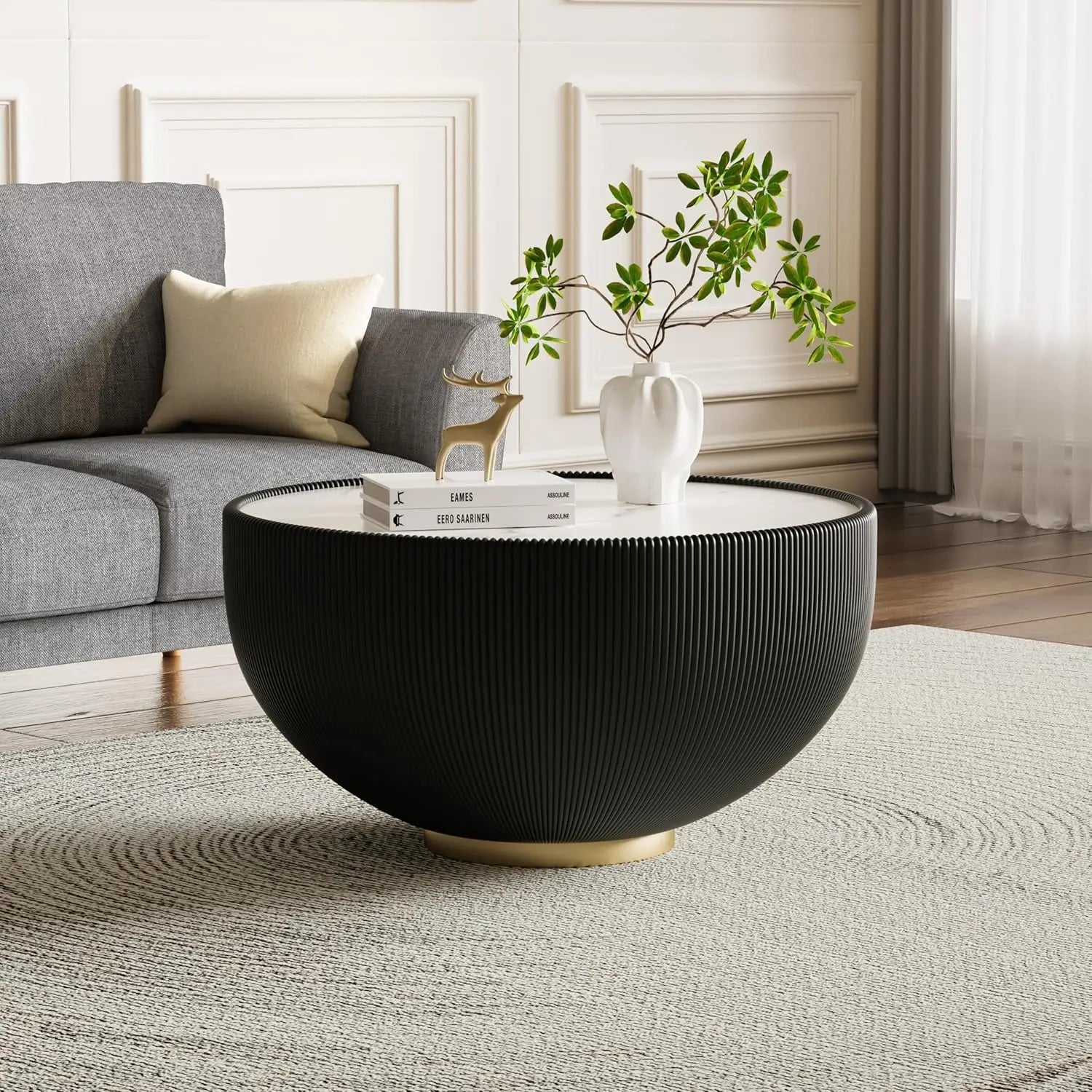 29.52" Grey Round Coffee Table Sintered Stone Top Fluted PU Leather Base
