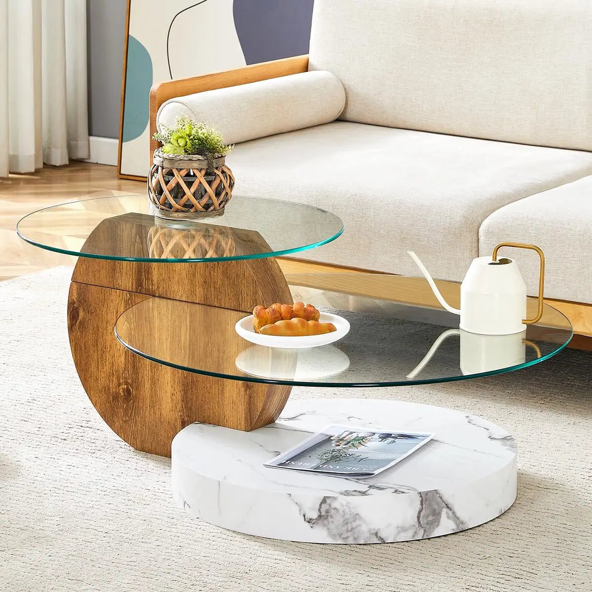 35" Round Tempered Glass Coffee Table. 3-Tier Design. Black Wooden Base.