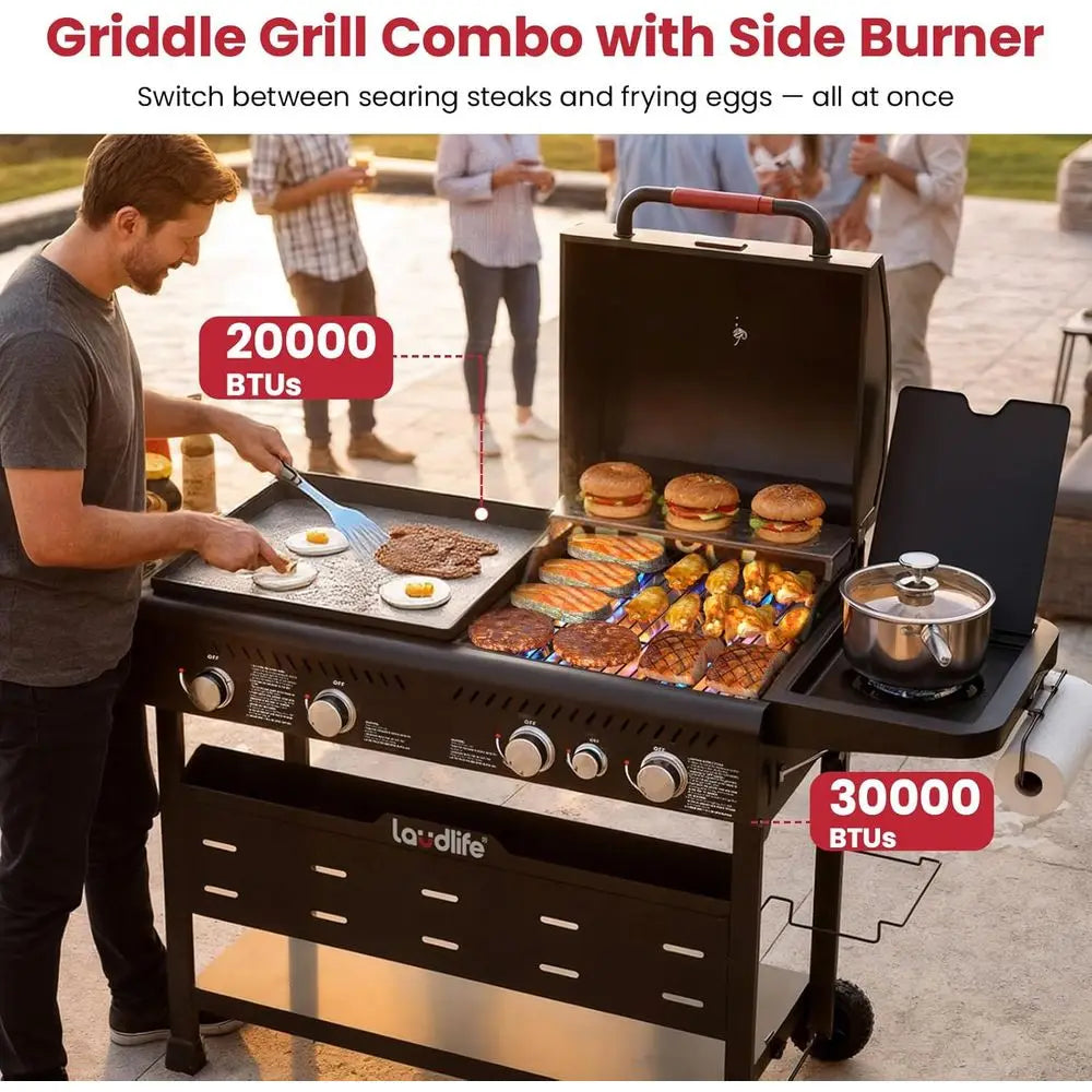 5-Burner Propane Grill Griddle Combo with Side Burner, Triple-Zone BBQ Gas Grill,