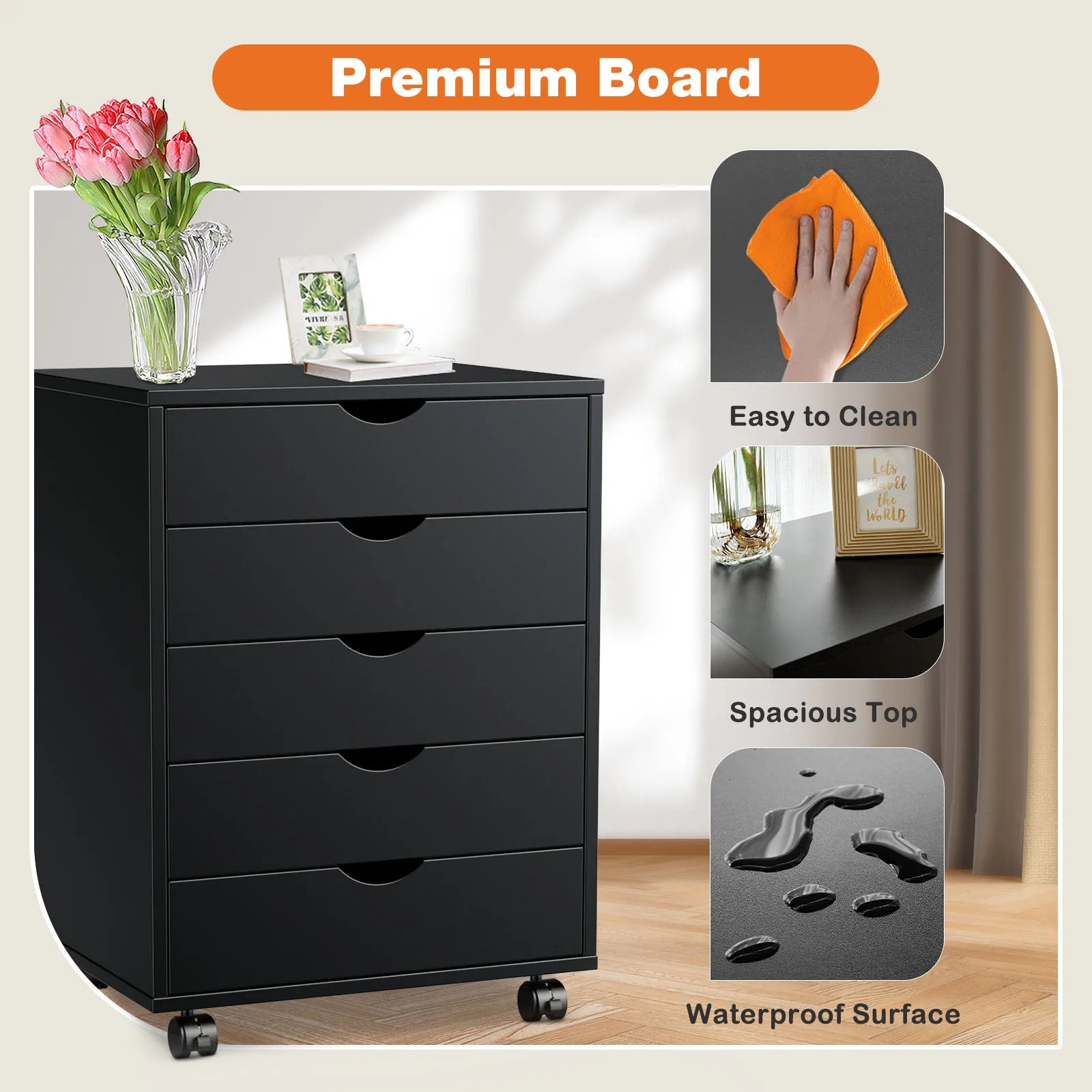 Wood Nightstand Cabinet 5 Drawers Waterproof Surface