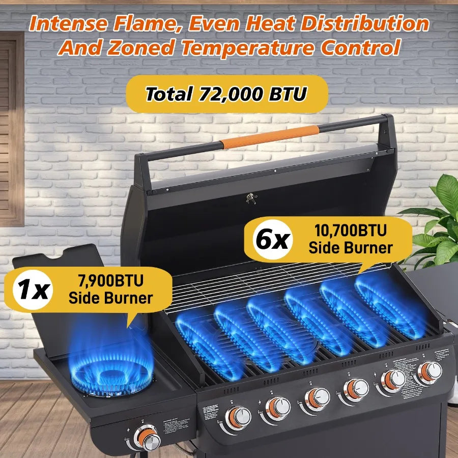 6 Burner BBQ Propane Gas Grill with Side Burner 72000 BTU Output Stainless Steel Barbecue Grill with Cast Iron Grates and Side