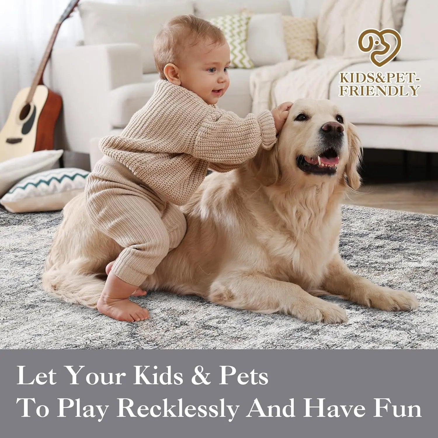Washable Area Rug Stain-Resistant Throw Rug with Non-Slip