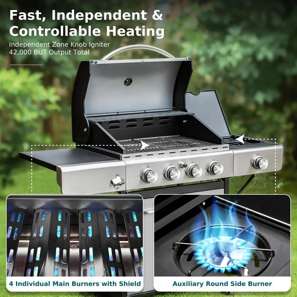 4 Burner BBQ Gas Grill with Side Burner, Stainless Steel Propane Grills