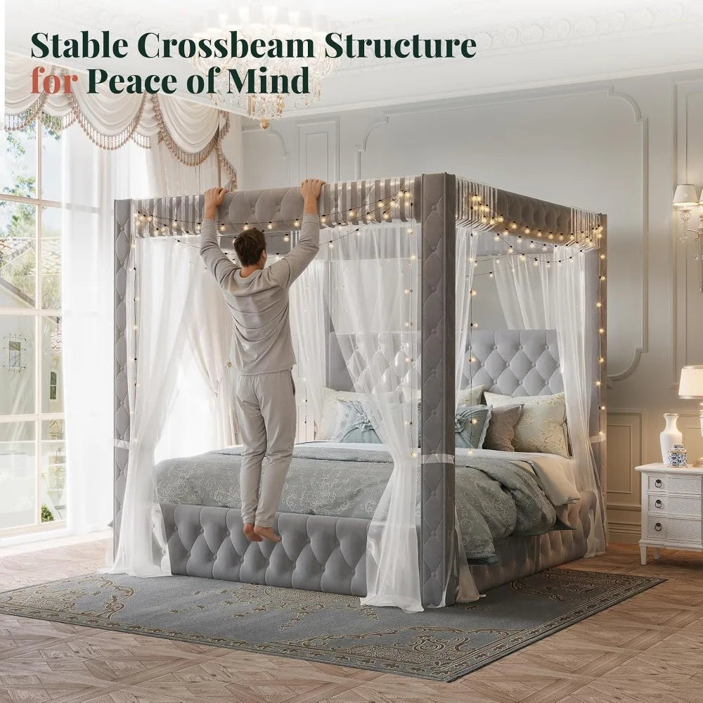 King Upholstered Canopy Bed Frame 74.8in Tall with Charging Station,