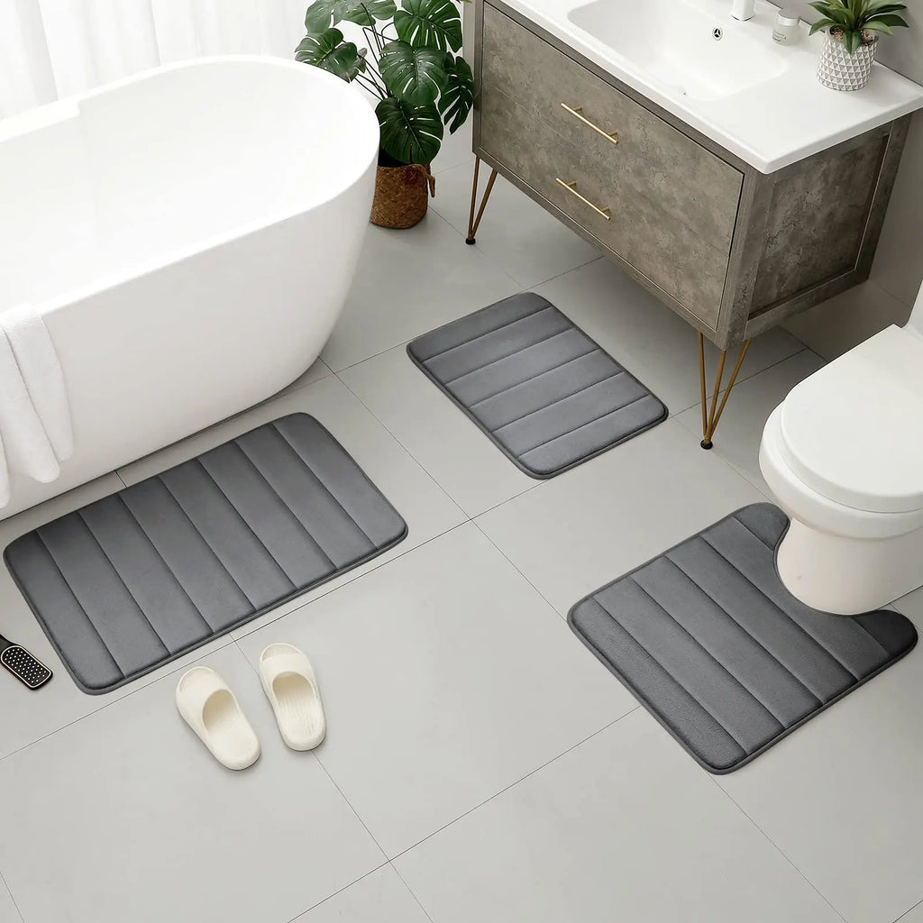 Velvet Memory Foam Bathroom Rug Set Of 3 Water Absorption Non Slip Extra Soft Bath Mats Machine Washable&Dry Toilet Floor Mat