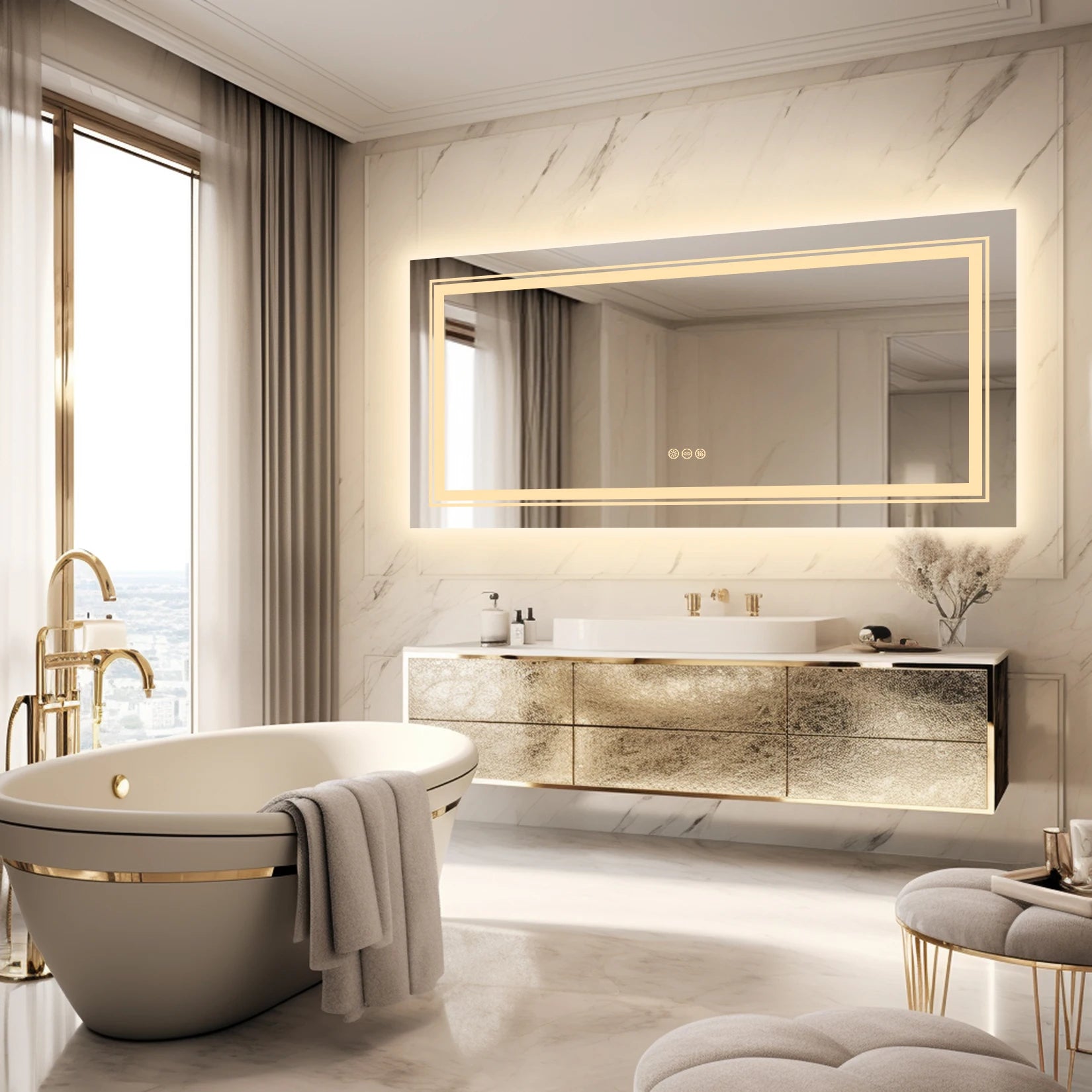 Extra Large Rectangle Bathroom Mirror LED Vanity Dimmable Backlit Anti-Fog