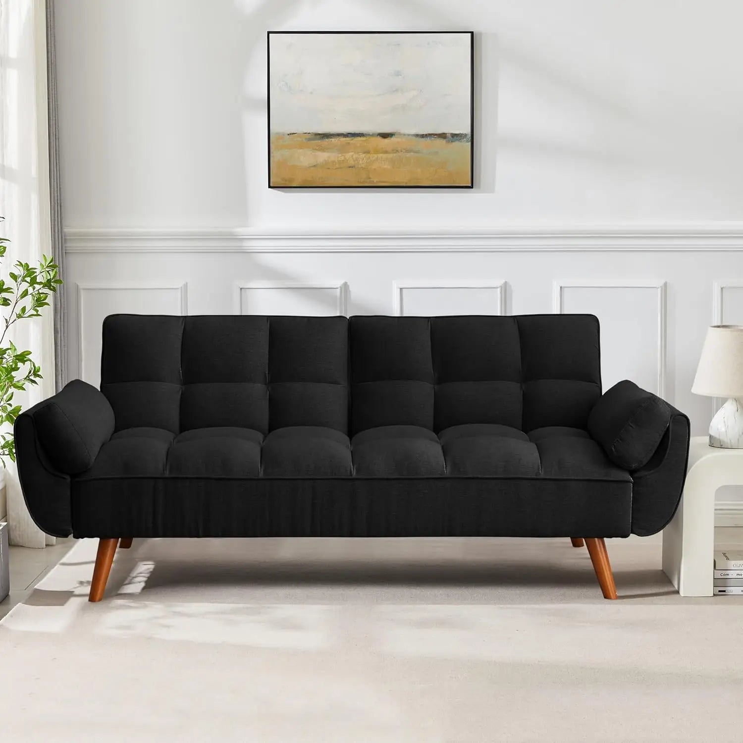 75" Linen Twin Size Futon Sofa Bed. Adjustable Split Backrest