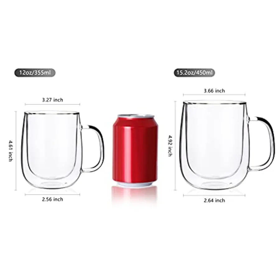 Glass Coffee Mugs 12oz, Double Wall Insulated Mug Set with Handle