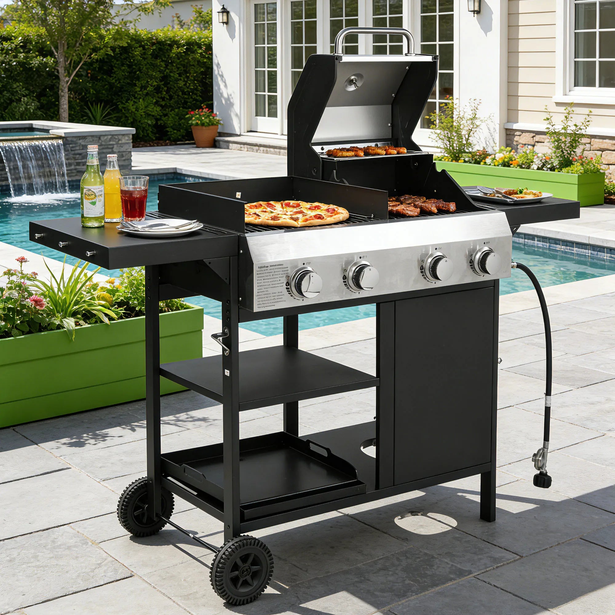 2+2 Burner Propane Gas Grill with Pizza Oven, 4-in-1 Outdoor BBQ Combo with Griddle, Stainless Steel