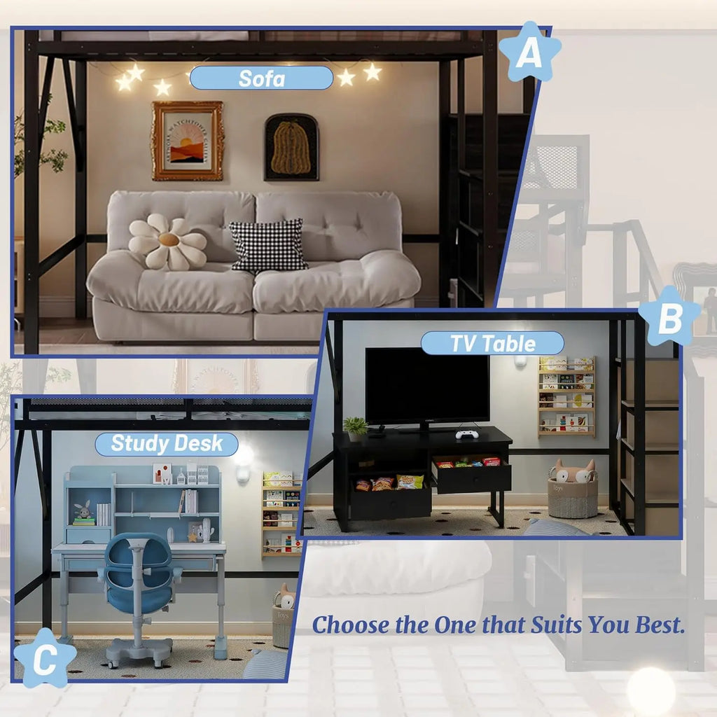 Queen Size Metal Loft Bed Frame With Stairs & Storage,