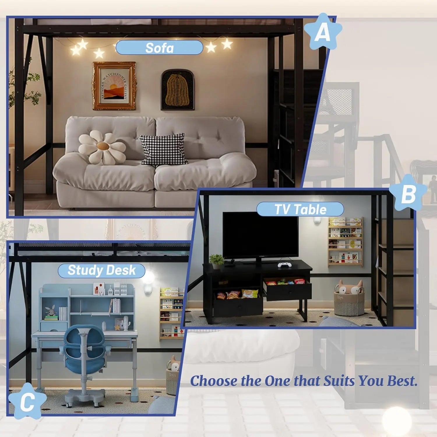 Queen Size Metal Loft Bed Frame With Stairs & Storage,